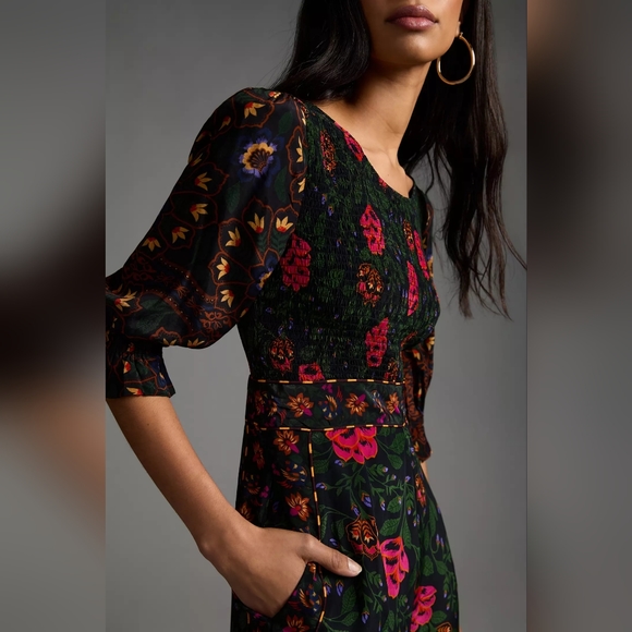 ☆SOLD☆ Farm Rio Anthropologie Smocked Jumpsuit In Black Motif Sz Extra Large - Picture 2 of 8